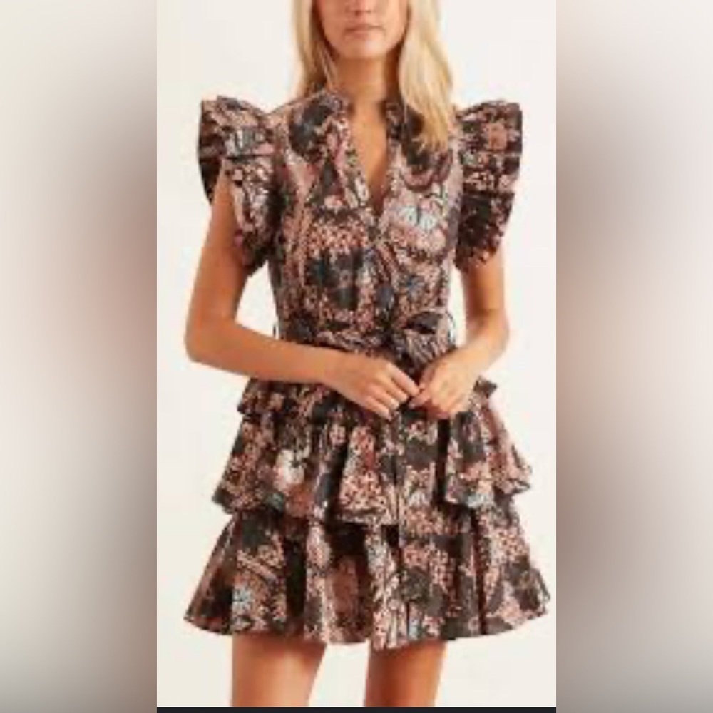 Ulla Johnson Red Teal Floral Tiered Ruffle Honoria Dress 4 Brown Belted Mini